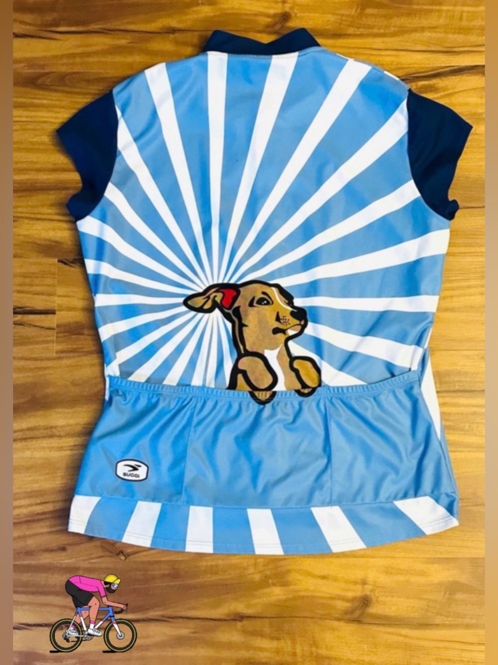 SUGOI Blue and White Graphic Cycling Jersey with Retro Rider Print